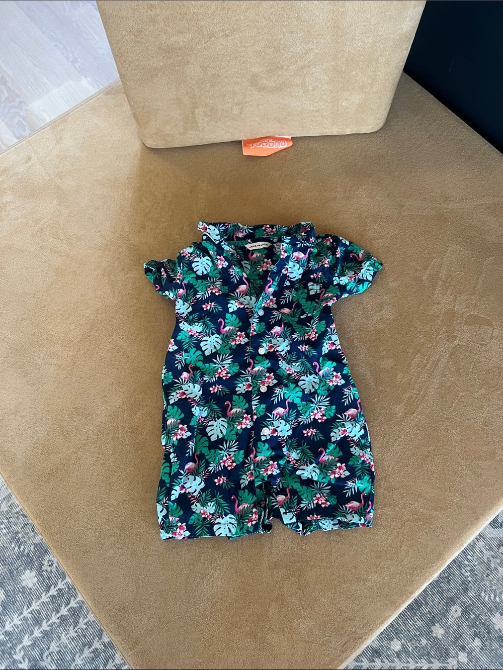 Janie and Jack Navy Floral & Flamingo Button-Up Romper